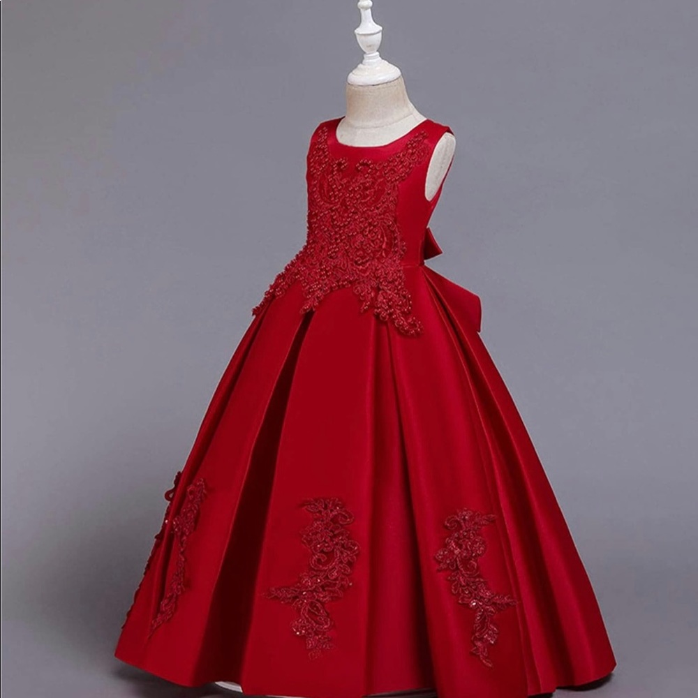 Girls Elegant Flower Applique Embroidered Party Pageant Holiday Dress Claret 160